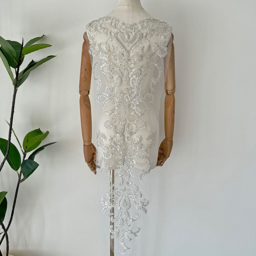 Zh490 silver sequin beaded fabric embroidery full beaded wedding dress front and back diy large flower piece