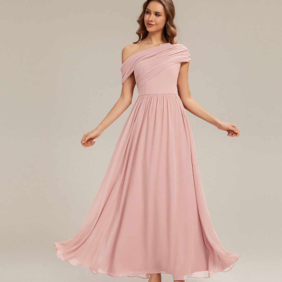 Amazon fashion chiffon one-shoulder long bridesmaid dress wedding annual meeting banquet host evening dress bestie long dress