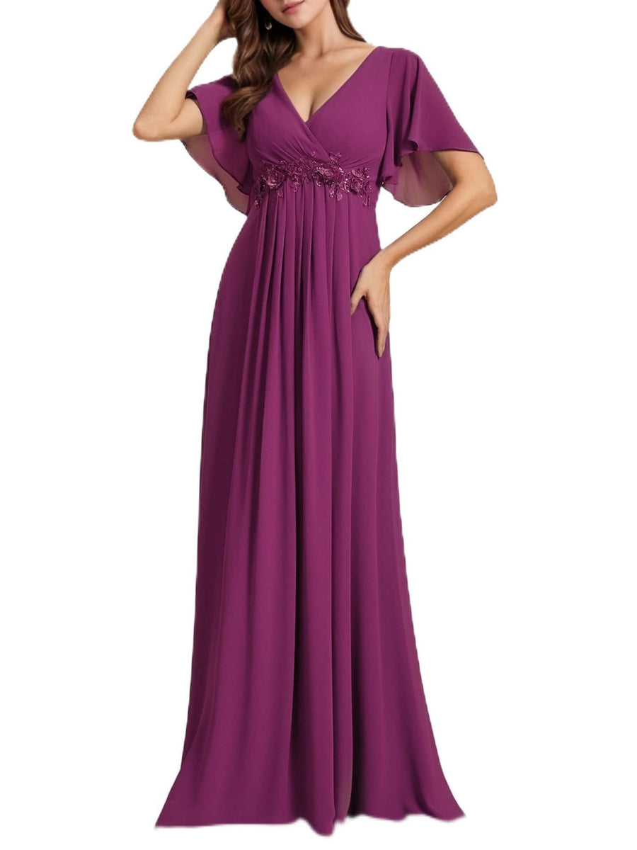 European and american style v-neck chiffon long bridesmaid dress, butterfly sleeve cinched waist slimming evening gown, party hostess dress
