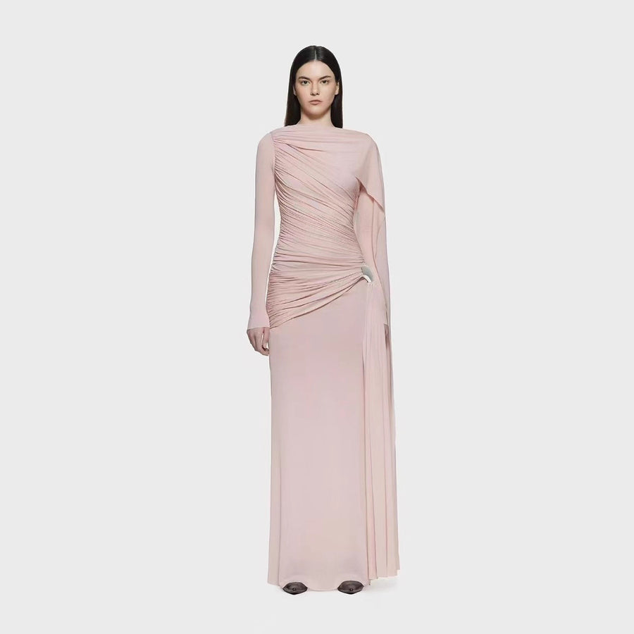 Long-Sleeve Ruched Evening Gown — Asymmetric Draping with a Metallic Hip Detail