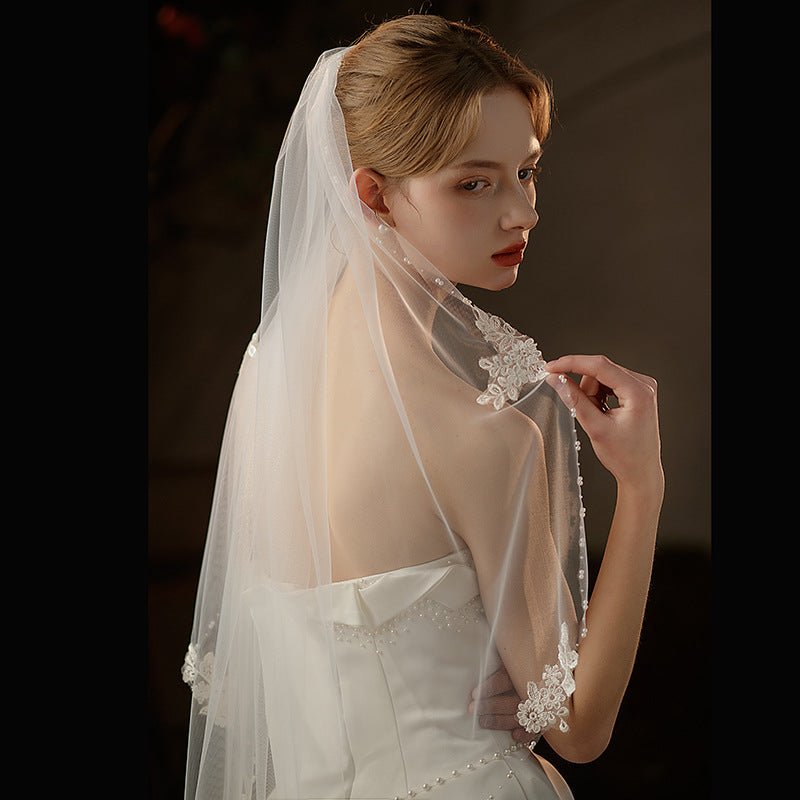 Étoile French Lace Bridal Veil handmade beaded off-white short wedding veil on soft chiffon tulle