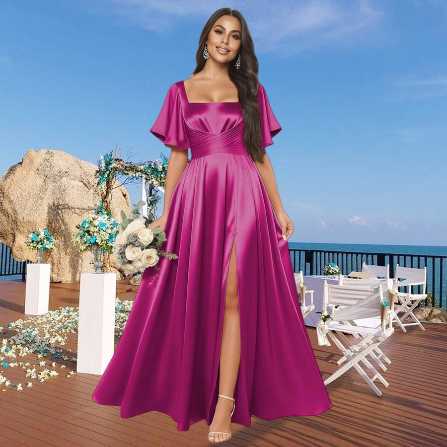 Satin square neck short-sleeved long evening dress, multiple colors available, sister group toast dress, annual meeting host, classy banquet