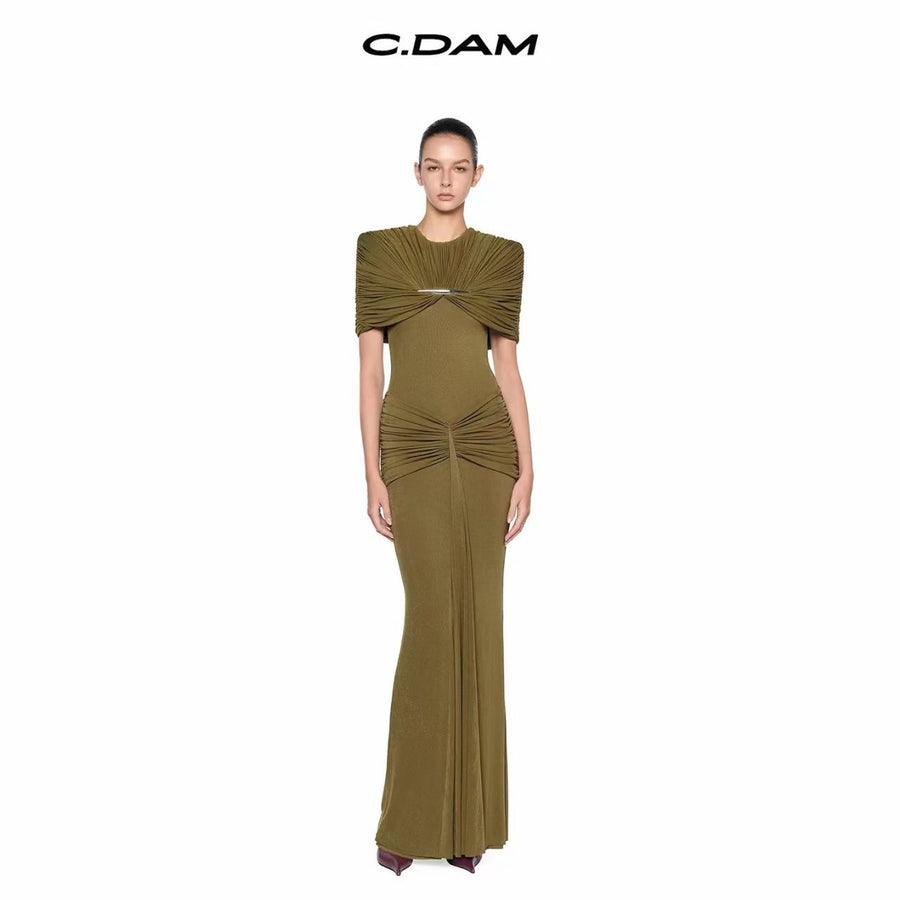 High-Neck Ruched Evening Gown — Sculpted Shoulders with Gathered Hip Draping
