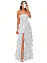 Cake skirt women's layered ruffles high slit long skirt sexy evening dress wedding bridesmaid dress tube top party dress