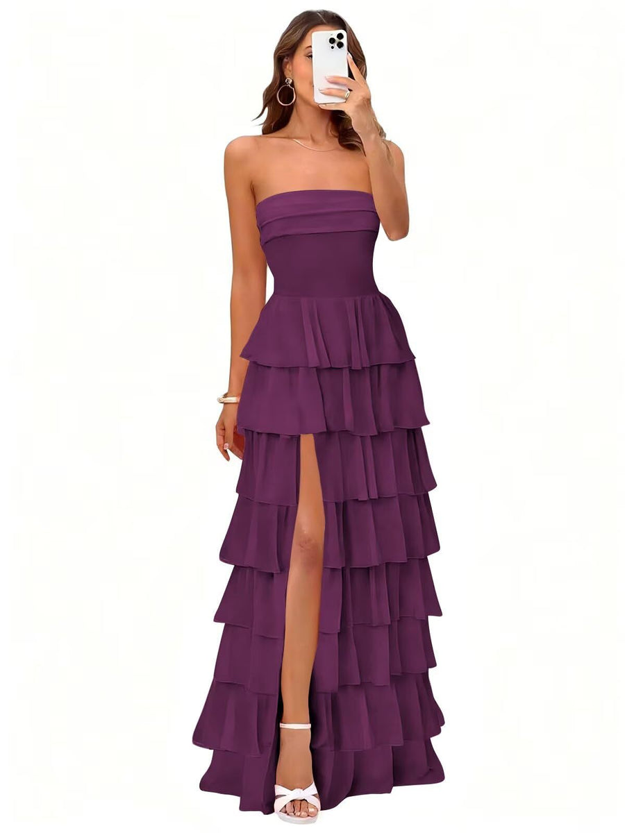 Cake skirt women's layered ruffles high slit long skirt sexy evening dress wedding bridesmaid dress tube top party dress