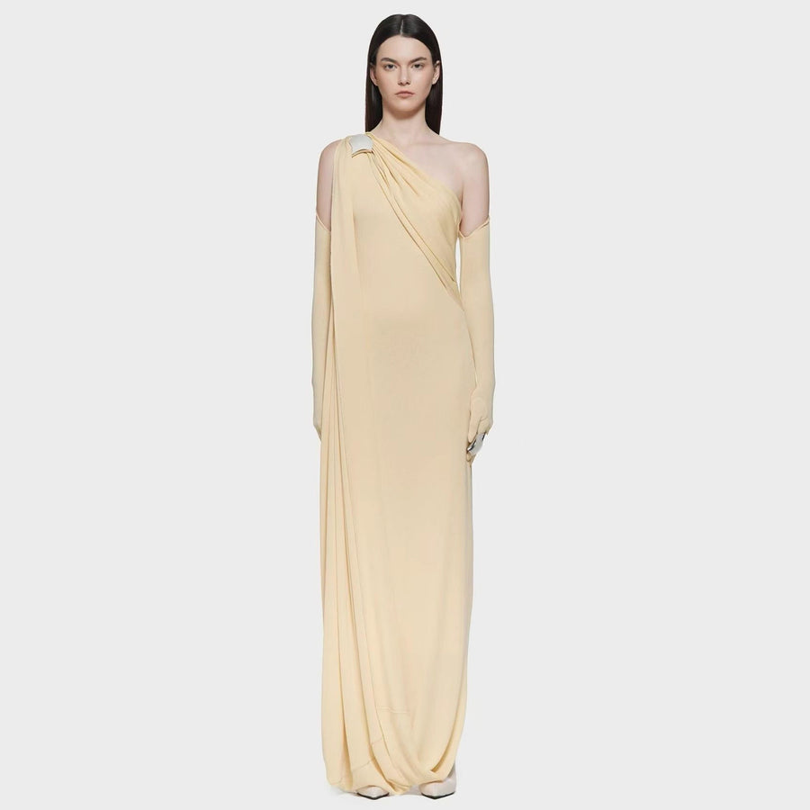 One-Shoulder Draped Evening Gown — A Sculptural Metallic Accent with Cascading Folds