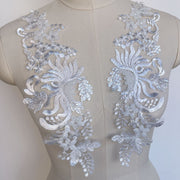1 pair of silver lace beaded flower patch 3D embroidery applique for wedding neckline decoration