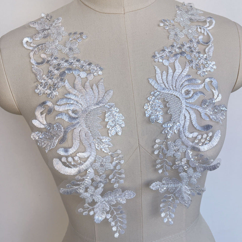 1 pair of silver lace beaded flower patch 3D embroidery applique for wedding neckline decoration