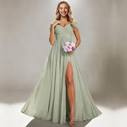 Off-the-shoulder bridesmaid dresses - long, slit, chiffon evening gowns for dinner parties, proms, and sisterhood events