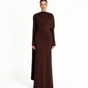 Long-Sleeve Draped Evening Gown — A Sweeping Shoulder Detail with Ruched Hips