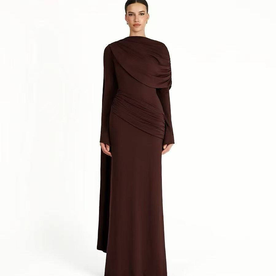 Long-Sleeve Draped Evening Gown — A Sweeping Shoulder Detail with Ruched Hips