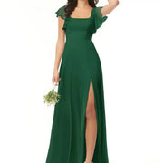 Cross-border exclusive square neck ruffle sleeve chiffon slit long dress wedding bridesmaid host performance costume dress dress