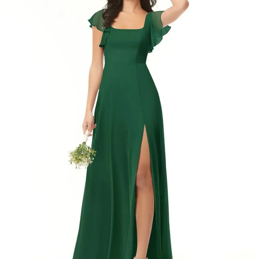 Cross-border exclusive square neck ruffle sleeve chiffon slit long dress wedding bridesmaid host performance costume dress dress