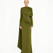 Long-Sleeve Draped Evening Gown — A Sweeping Shoulder Detail with Ruched Hips