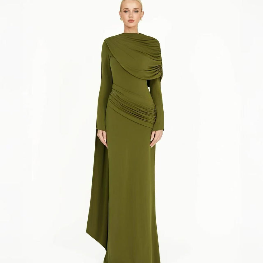 Long-Sleeve Draped Evening Gown — A Sweeping Shoulder Detail with Ruched Hips
