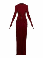 Long-Sleeve Ruched Maxi Dress — Sculpted Draping with a Jewel-Detail Waist