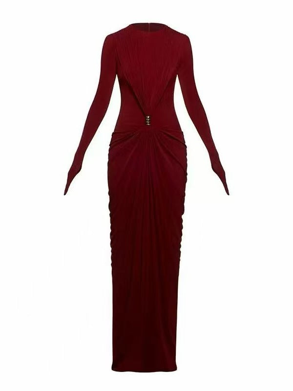 Long-Sleeve Ruched Maxi Dress — Sculpted Draping with a Jewel-Detail Waist