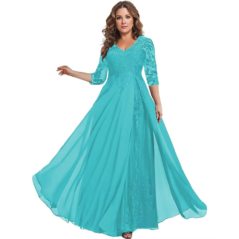 European station cross-border amazon dress chiffon patchwork lace cut out long dress bridesmaid evening dress women's evening dress