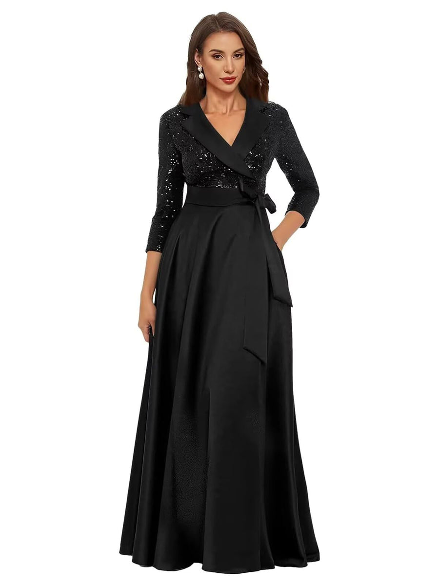 Cross-border amazon hot-selling black long evening gown for women, mid-sleeve, slim-fit, figure-flattering, perfect for banquets, annual meetings, hosts, and performances
