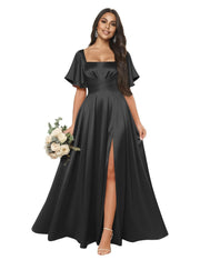 Satin square neck short-sleeved long evening dress, multiple colors available, sister group toast dress, annual meeting host, classy banquet
