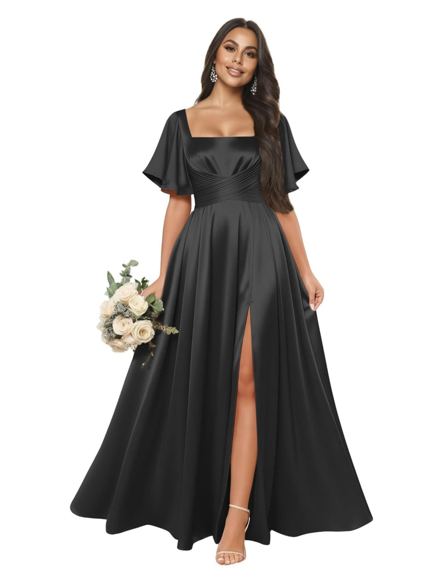 Satin square neck short-sleeved long evening dress, multiple colors available, sister group toast dress, annual meeting host, classy banquet