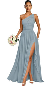 One shoulder chiffon long bridesmaid dress slit evening dress female sister group toast dress graduation performance dress factory direct supply