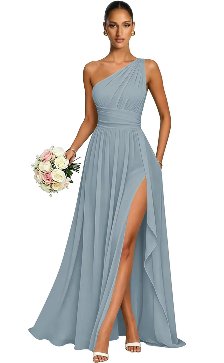 One shoulder chiffon long bridesmaid dress slit evening dress female sister group toast dress graduation performance dress factory direct supply