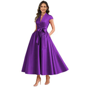 2026 premium satin v-neck midi dress with belted waist, pockets, and suitable for daily wear, parties, and hosting events