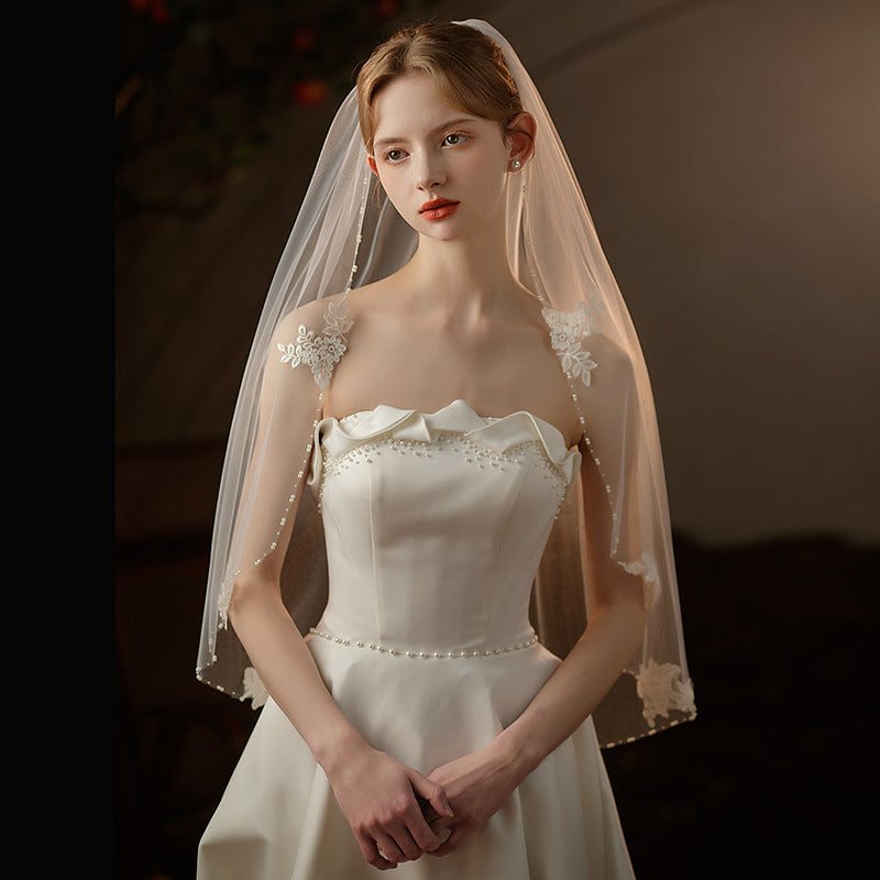 Étoile French Lace Bridal Veil handmade beaded off-white short wedding veil on soft chiffon tulle