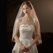 Étoile French Lace Bridal Veil handmade beaded off-white short wedding veil on soft chiffon tulle