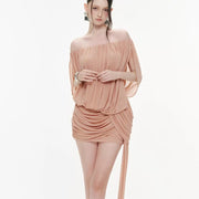 Off-the-Shoulder Ruched Mini Dress — Soft Draping with a Trailing Side Detail