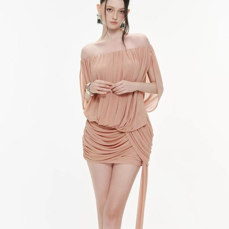 Off-the-Shoulder Ruched Mini Dress — Soft Draping with a Trailing Side Detail