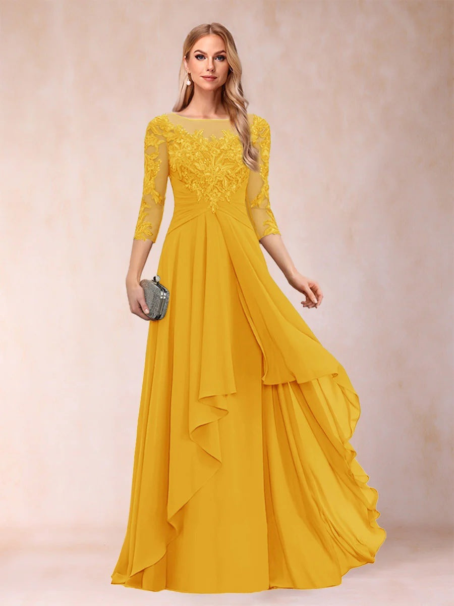 Chiffon lace patchwork mid-sleeve evening gown - round neck a-line floor-length dress - perfect for mothers, mothers-in-law, and hostesses