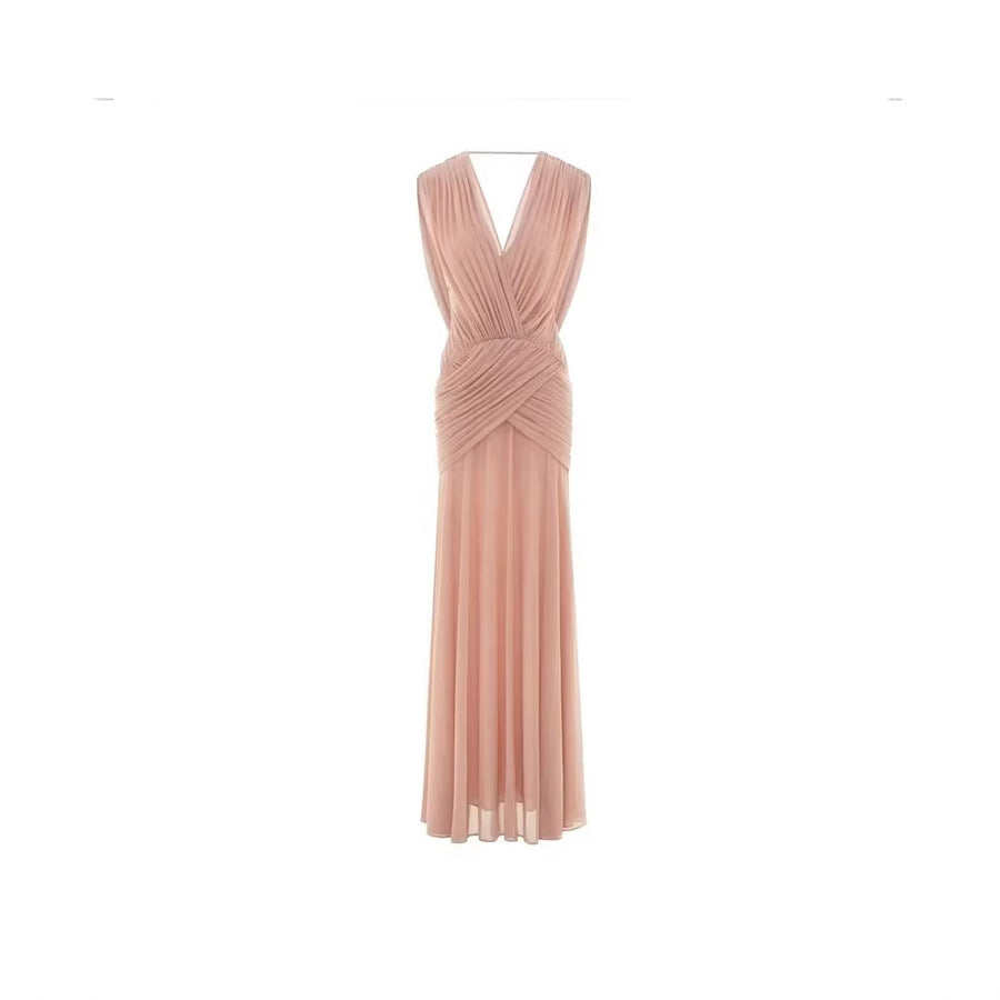 V-Neck Draped Evening Gown — Cross-Over Hip Pleats with a Flowing Skirt