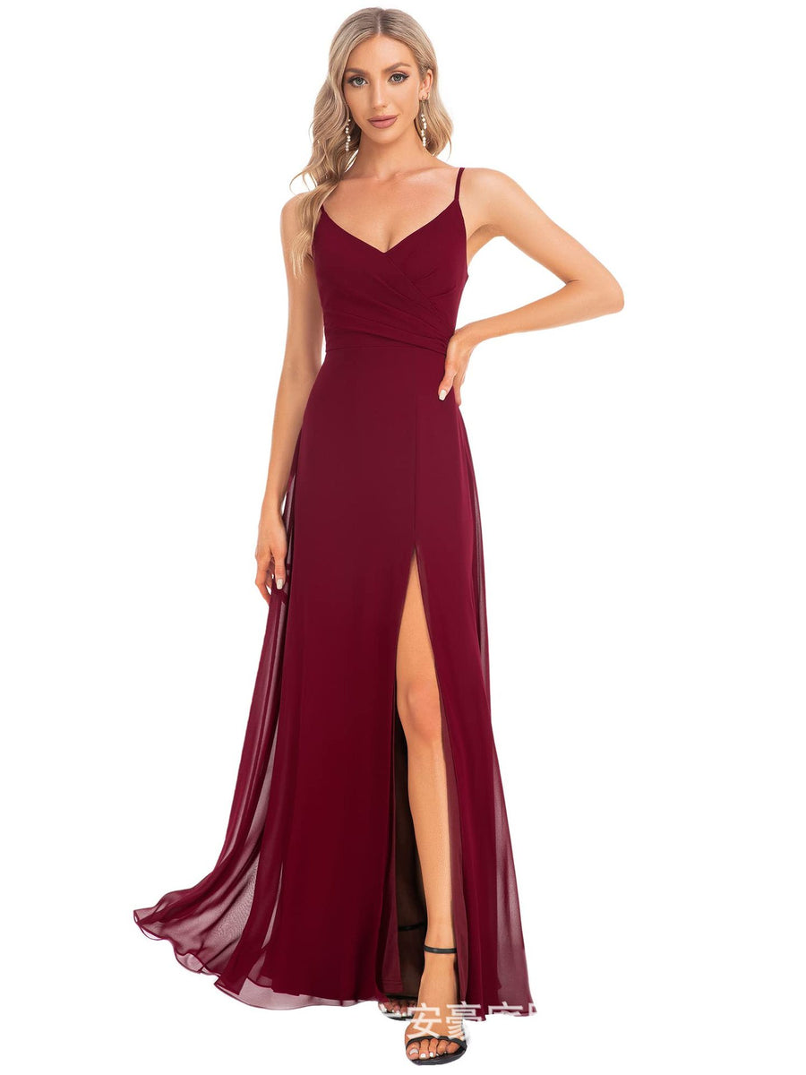 European and american style plus size evening gown women's chiffon high slit floor-length dress wedding bridesmaid dress annual meeting performance dress cross-border