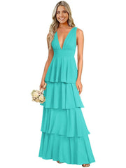 European and american chiffon bridesmaid dress v-neck sleeveless tiered cake dress wedding sister dress hostess outfit gown
