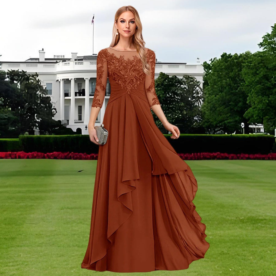 Chiffon lace patchwork mid-sleeve evening gown - round neck a-line floor-length dress - perfect for mothers, mothers-in-law, and hostesses