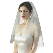 Beaded lace trim short bridal veil with bow accent on soft tulle