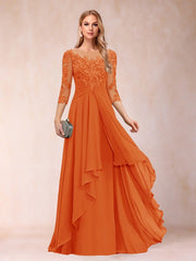 Chiffon lace patchwork mid-sleeve evening gown - round neck a-line floor-length dress - perfect for mothers, mothers-in-law, and hostesses