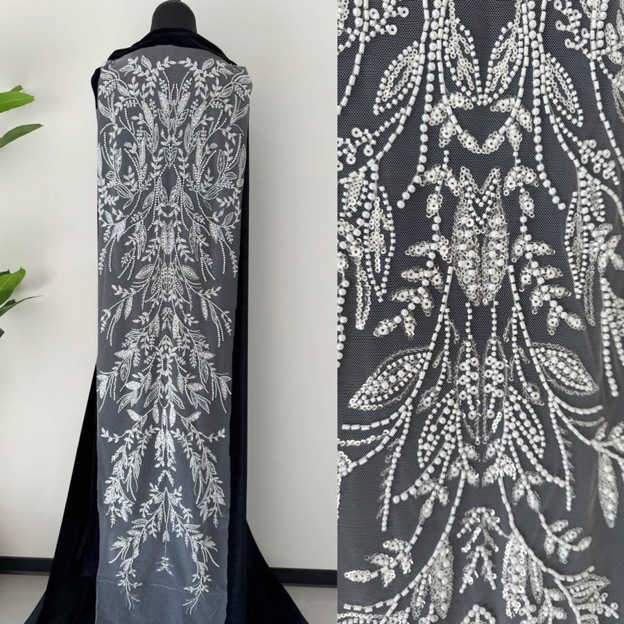 High-End Beaded Lace Fabric Trim with Pearl Embellishments - White Embroidered Floral DIY Wedding Dress & Apparel (ZH478)