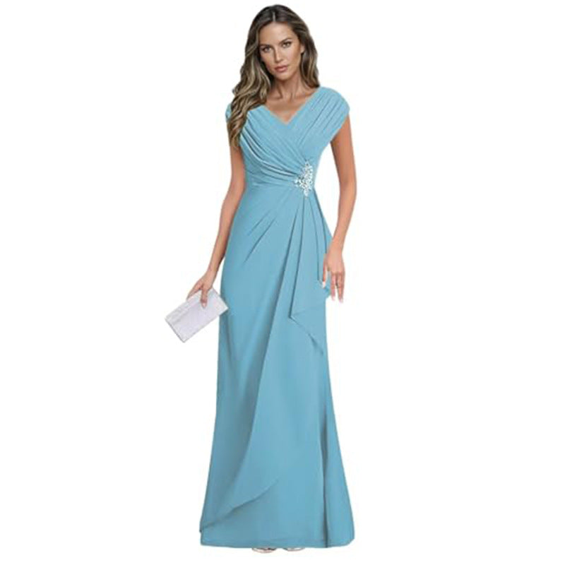 Cross-border plus sizenew arrival evening dress elegancev neck chiffon silm large swing long banquet dress long skirt female bridesmaid