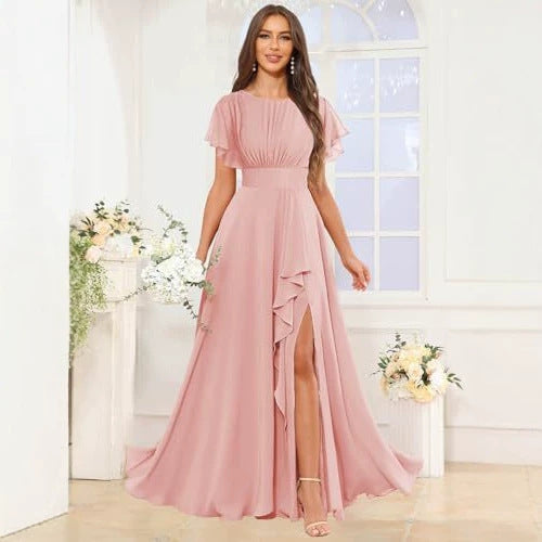 Cross-border amazon bestseller: long bohemian chiffon midi dress - short sleeve, cinched waist, evening gown, bridesmaid dress