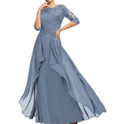New chiffon lace long evening gown - round neck, mid-sleeve, slimming design - perfect for weddings, bridesmaids, dinner parties, or mother of the bride