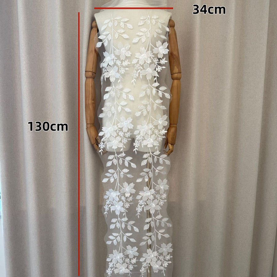 Korean Style White Tulle Mesh Fabric - Fresh Lace, Cute Sequins, Embroidery & 3D Embellishments (ZH472)