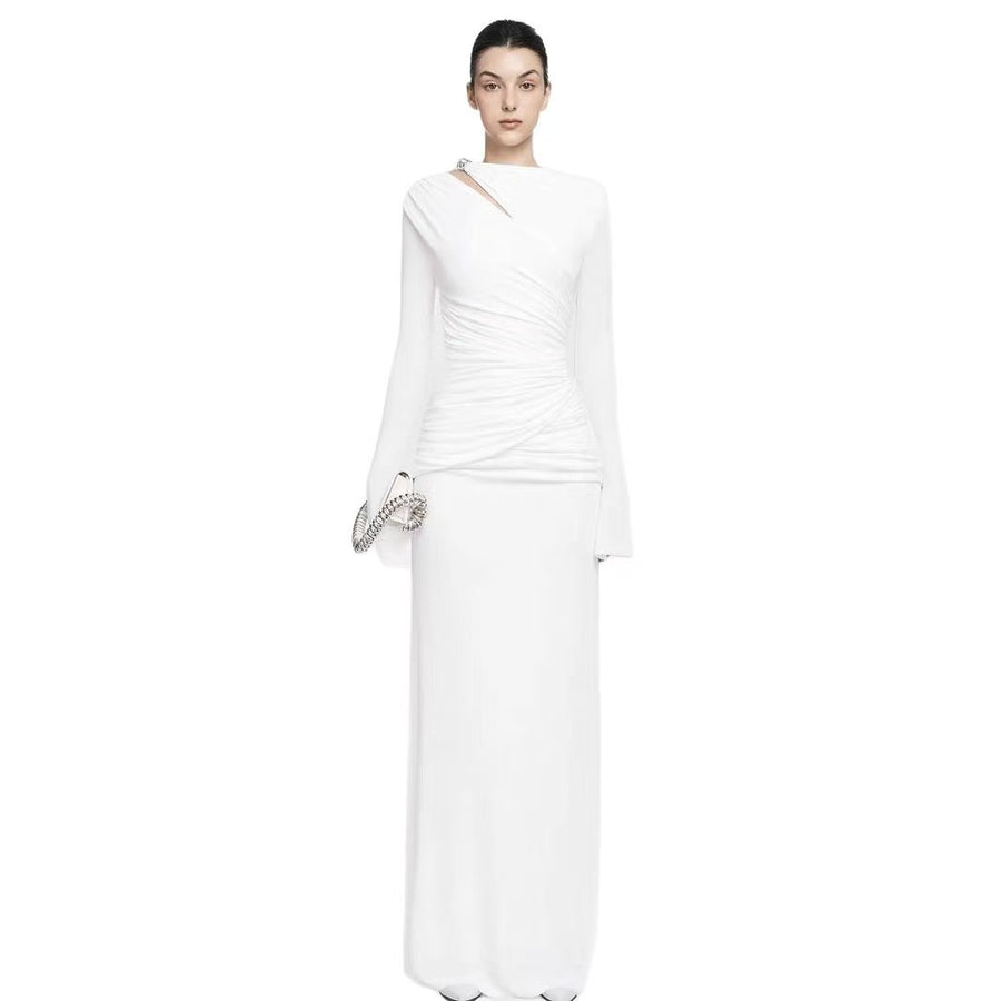 Long-Sleeve Ruched Maxi Dress — An Asymmetric Neckline with a Shoulder Cut-Out