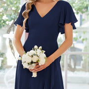 2026 cross-border gentle style v-neck pleated chiffon bridesmaid dress ruffle short-sleeved asymmetrical skirt party