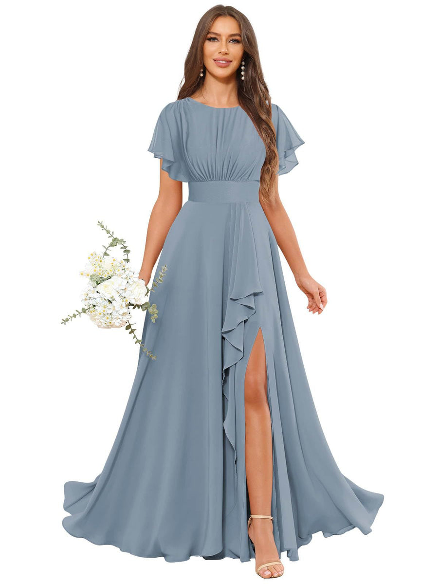 Cross-border amazon bestseller: long bohemian chiffon midi dress - short sleeve, cinched waist, evening gown, bridesmaid dress