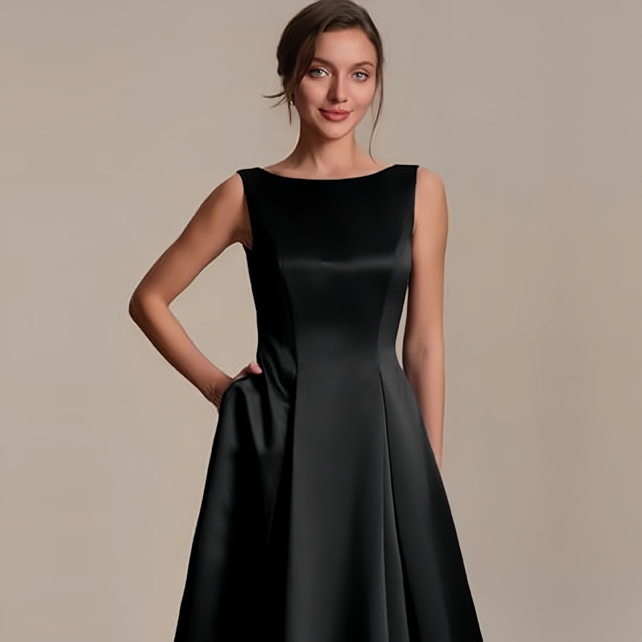 Sleeveless little black dress - women's slimming, figure-flattering evening gown for banquets, annual meetings, and hostess events - elegant, chic, and short