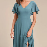 2026 cross-border gentle style v-neck pleated chiffon bridesmaid dress ruffle short-sleeved asymmetrical skirt party