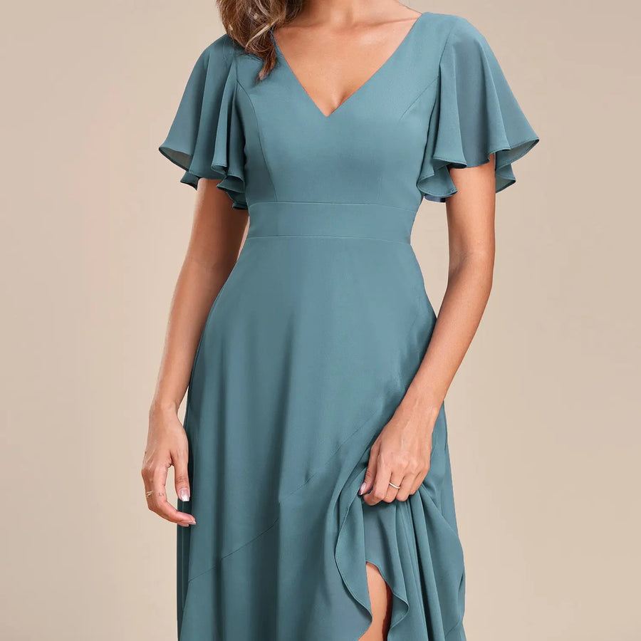 2026 cross-border gentle style v-neck pleated chiffon bridesmaid dress ruffle short-sleeved asymmetrical skirt party